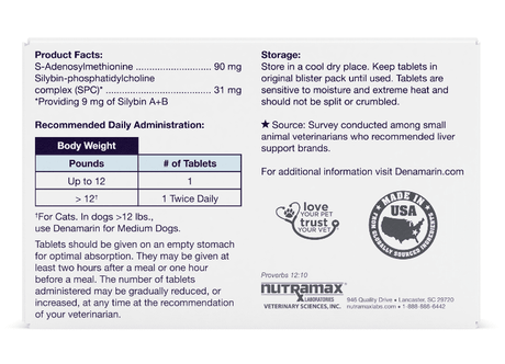 Nutramax Denamarin® Liver Health Supplement for Small Dogs and Cats, 30 Tablets.